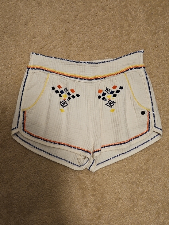 Roxy Pants - Roxy White Embroidered Athletic Shorts with Navy & Orange Trim